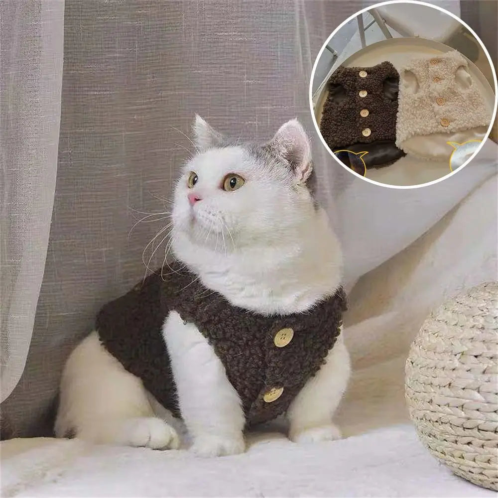 White cat wearing a brown knitted sweater with gold buttons on a neutral background.